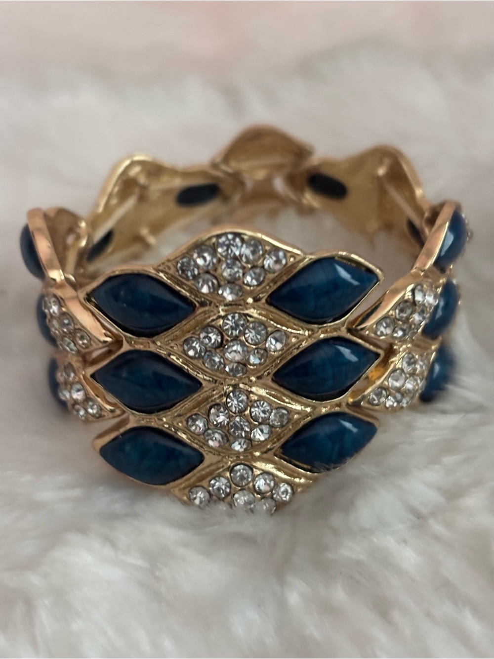 Gold-Tone Stretch Bracelet with Navy Marquise Accents and Clear Crystals